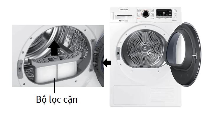vệ sinh bộ lọc cặn sau mỗi lần sấy trên máy sấy quần áo samsung