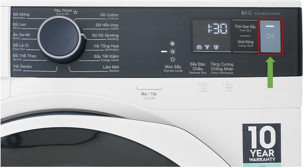 Nhấn nút khởi động cho máy chạy - Cách sử dụng máy sấy Electrolux