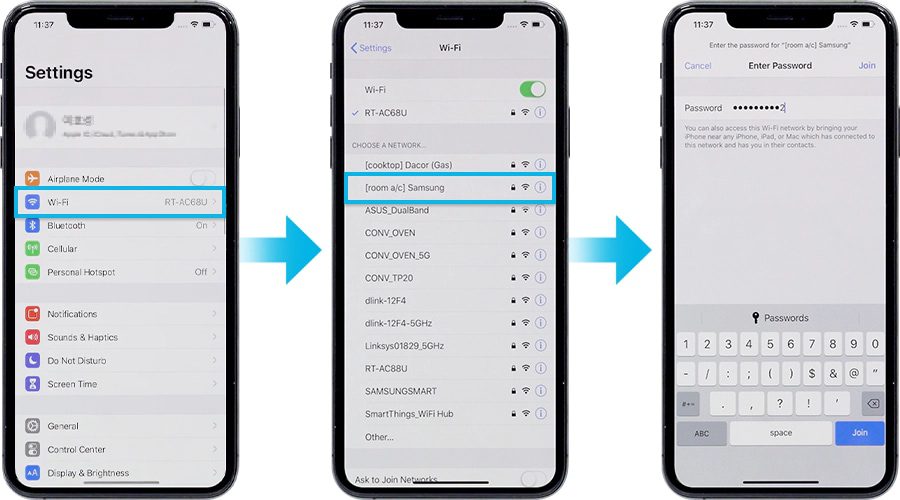 mở Cài đặt và vào Wi-Fi để kết nối với tên mạng bắt đầu bằng room a/c.