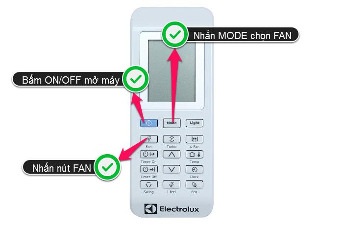 Hướng dẫn sử dụng remote máy lạnh Electrolux Khởi động chế độ Quạt gió