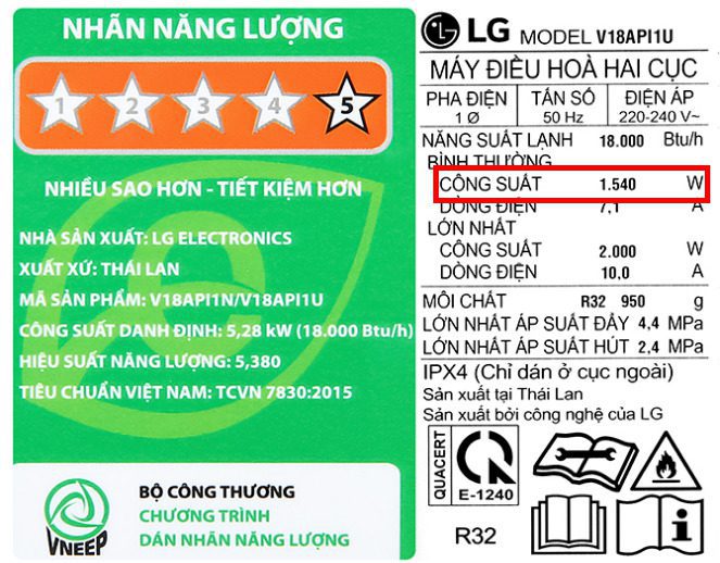 Công suất tiêu thụ điện của điều hoà LG 18000