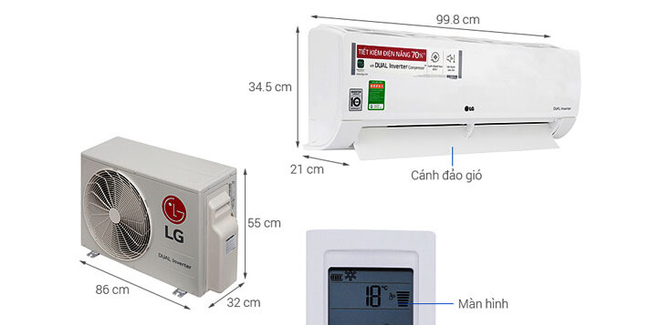 Kích thước dàn nóng - dàn lạnh điều hòa LG V18ENF