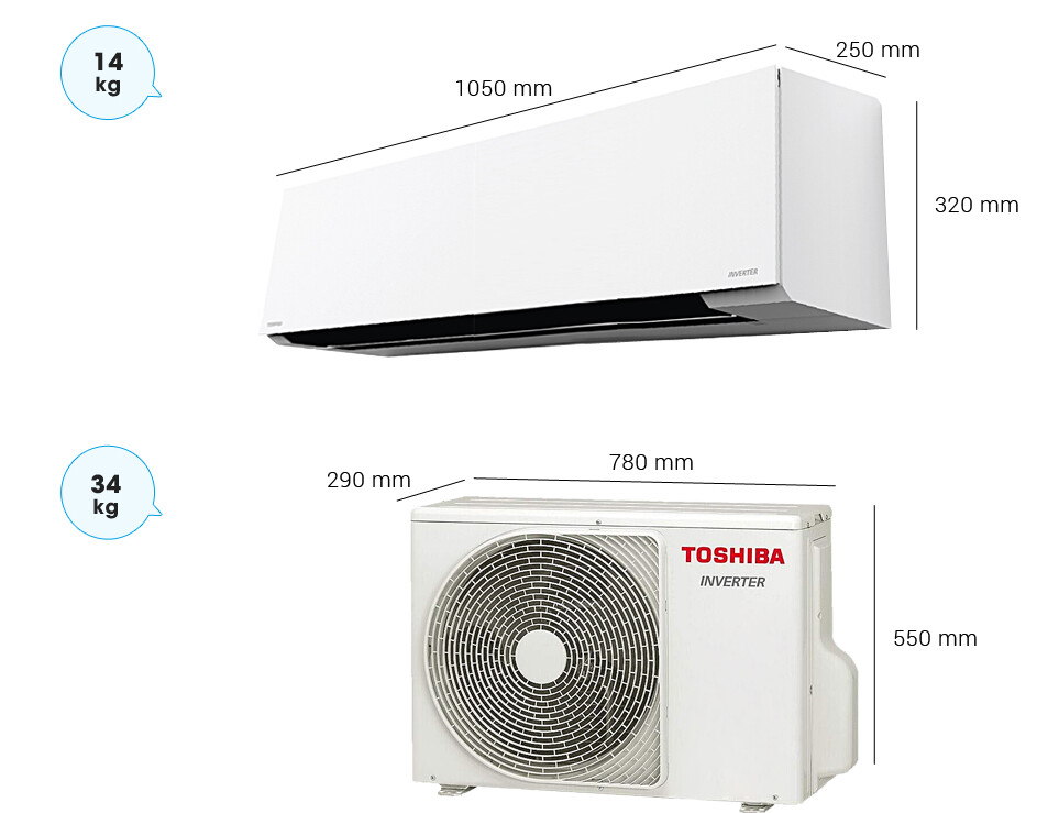 Kích thước cục nóng - lạnh điều hòa Toshiba 24000BTU RAS-H24E2KCVG-V