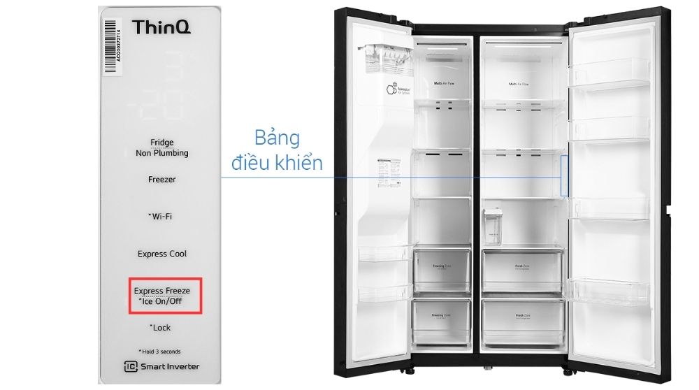 Nhấn nút Ice On/Off để bật tính năng tự làm đá tủ lạnh LG