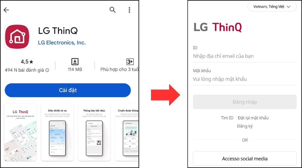 cài đặt và đăng nhập app LG ThinQ