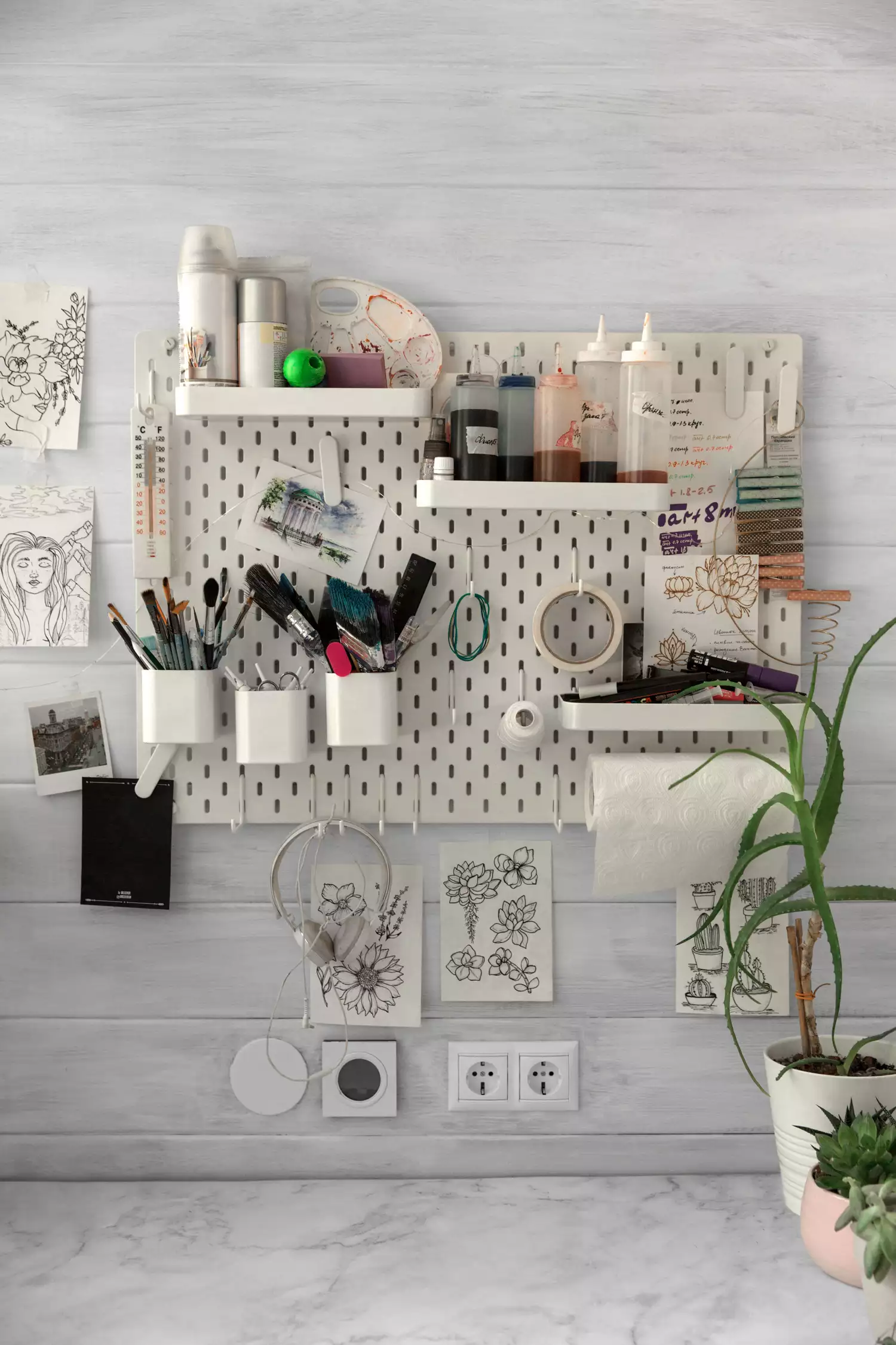 Bàn làm việc có ngăn đựng đồ nghệ thuật treo tường