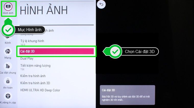 - Chọn cài đặt 3D trong mục Hình ảnh
