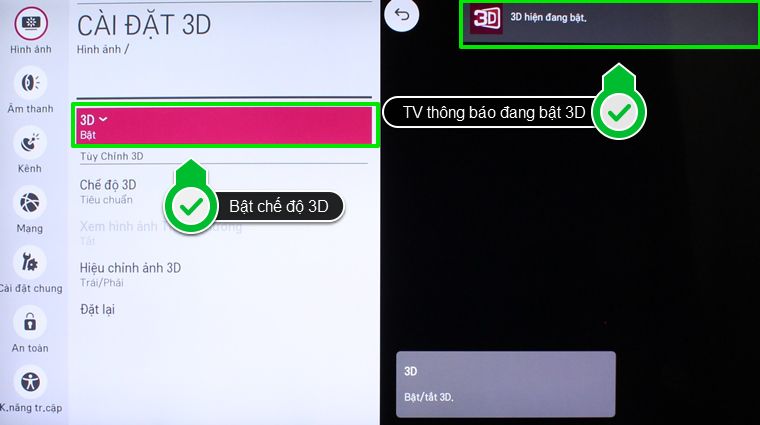 - Chế độ 3D đã được bật
